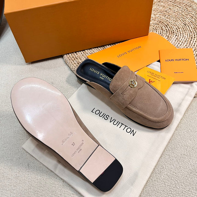 LV CAPRI OPEN BACK LOAFERS IN MEDIUM BROWN SUEDE