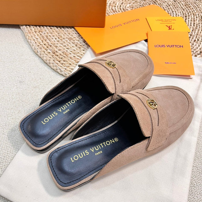 LV CAPRI OPEN BACK LOAFERS IN MEDIUM BROWN SUEDE