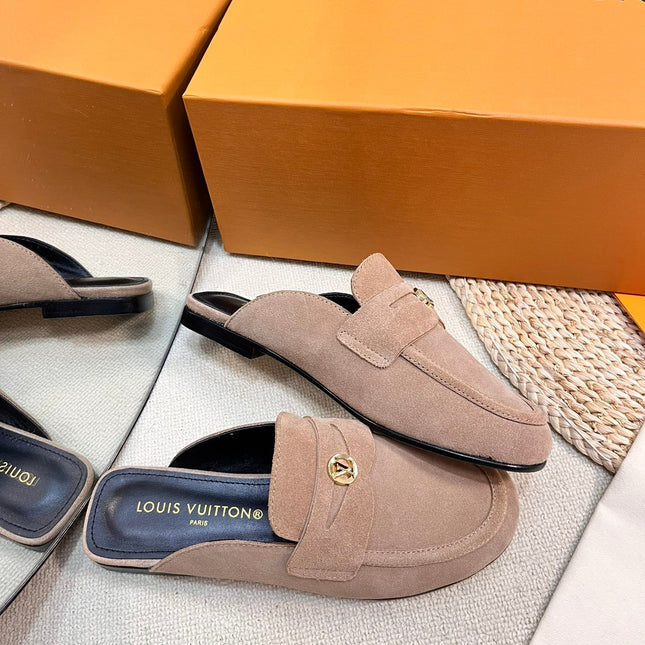 LV CAPRI OPEN BACK LOAFERS IN MEDIUM BROWN SUEDE