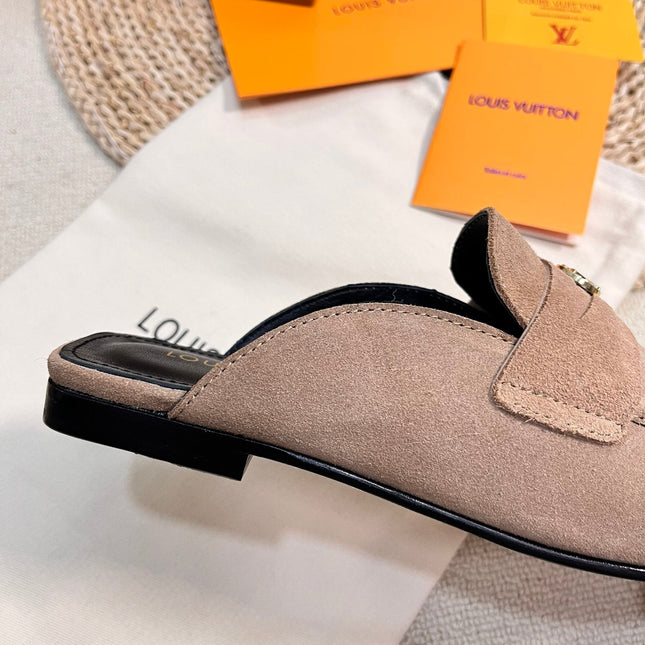 LV CAPRI OPEN BACK LOAFERS IN MEDIUM BROWN SUEDE