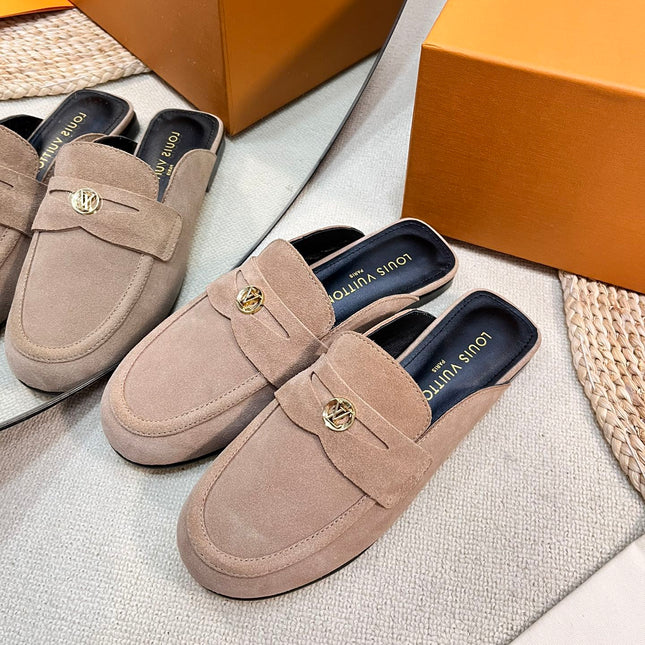 LV CAPRI OPEN BACK LOAFERS IN MEDIUM BROWN SUEDE