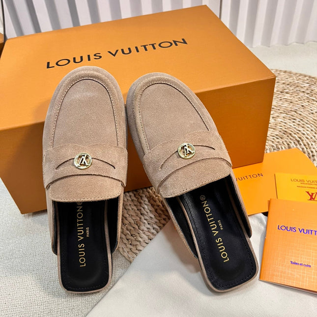 LV CAPRI OPEN BACK LOAFERS IN MEDIUM BROWN SUEDE