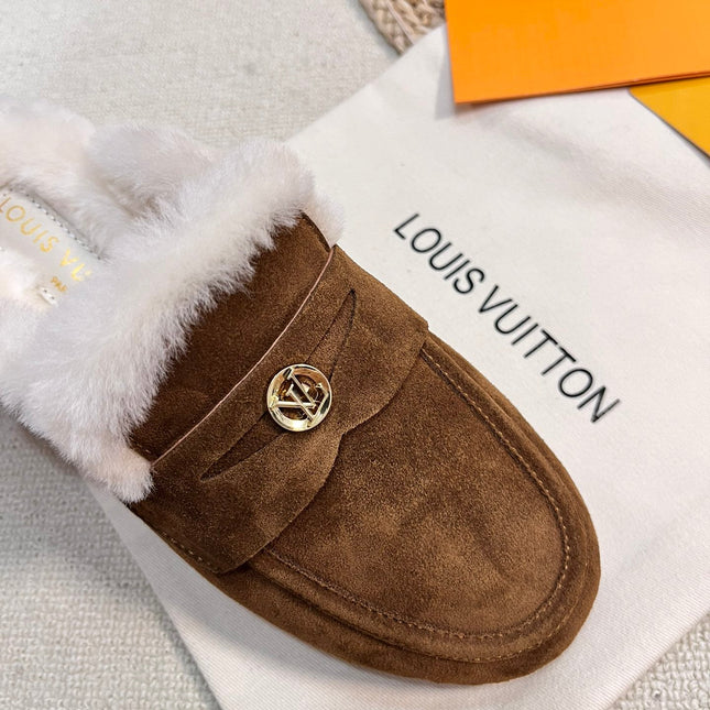 LV COSY FLAT COMFORT CLOG IN RUSSET BROWN SUEDE AND SHEARLING LINING