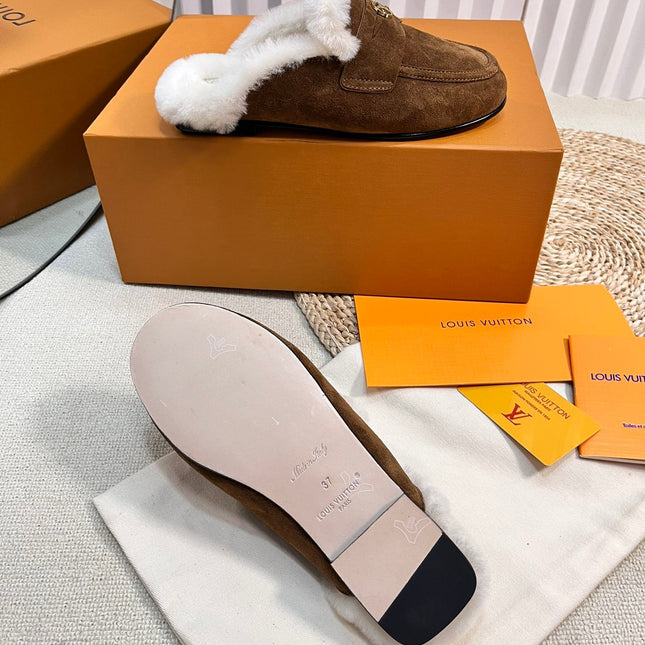 LV COSY FLAT COMFORT CLOG IN RUSSET BROWN SUEDE AND SHEARLING LINING
