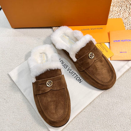 LV COSY FLAT COMFORT CLOG IN RUSSET BROWN SUEDE AND SHEARLING LINING