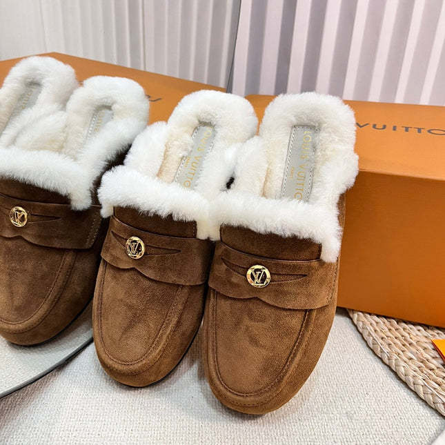 LV COSY FLAT COMFORT CLOG IN RUSSET BROWN SUEDE AND SHEARLING LINING