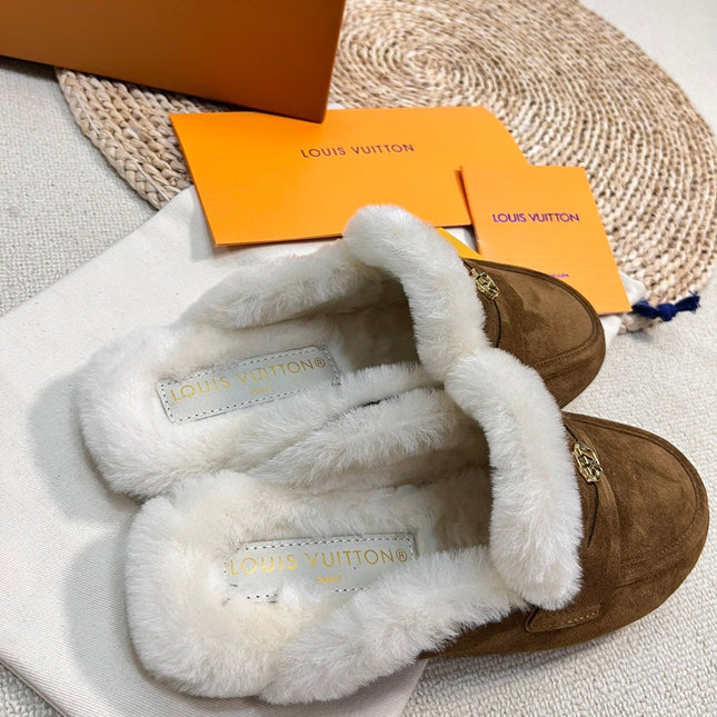LV COSY FLAT COMFORT CLOG IN RUSSET BROWN SUEDE AND SHEARLING LINING