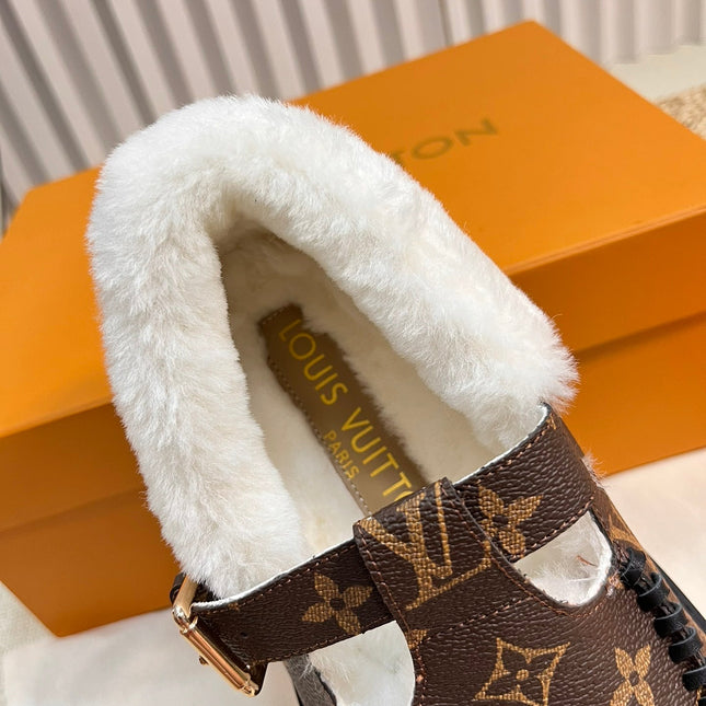 COLORADO COMFORT MARY JANE IN CHOCOLATE BROWN MONOGRAM CALFSKIN AND SHEARLING LINING