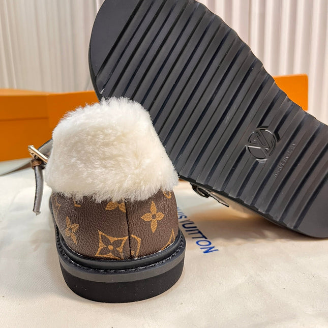 COLORADO COMFORT MARY JANE IN CHOCOLATE BROWN MONOGRAM CALFSKIN AND SHEARLING LINING