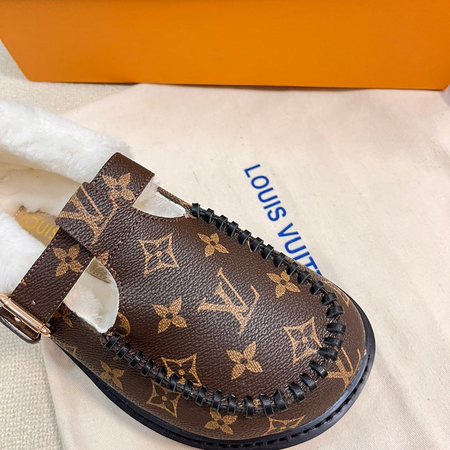 COLORADO COMFORT MARY JANE IN CHOCOLATE BROWN MONOGRAM CALFSKIN AND SHEARLING LINING