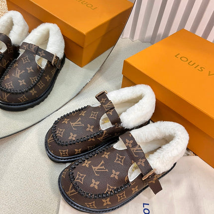 COLORADO COMFORT MARY JANE IN CHOCOLATE BROWN MONOGRAM CALFSKIN AND SHEARLING LINING
