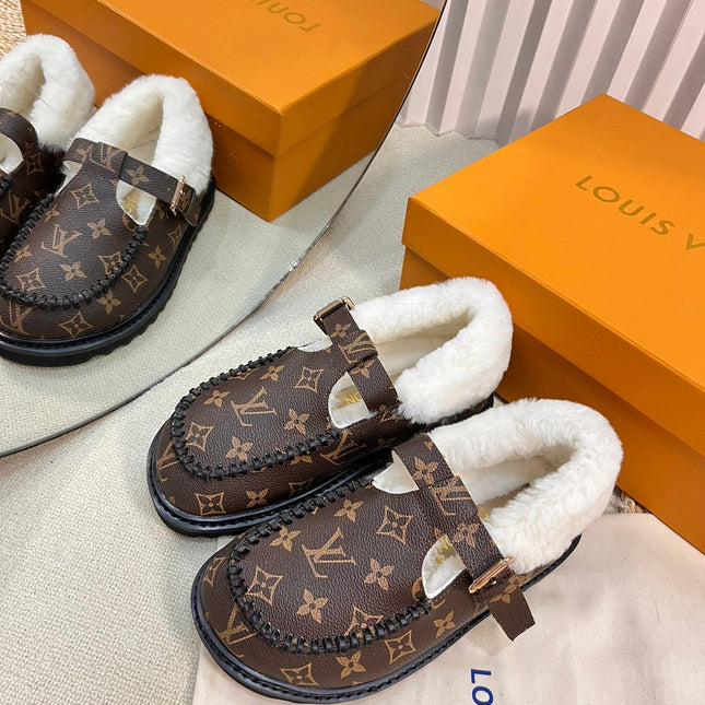 COLORADO COMFORT MARY JANE IN CHOCOLATE BROWN MONOGRAM CALFSKIN AND SHEARLING LINING