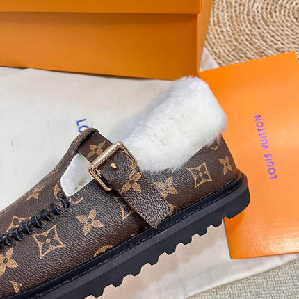 COLORADO COMFORT MARY JANE IN CHOCOLATE BROWN MONOGRAM CALFSKIN AND SHEARLING LINING