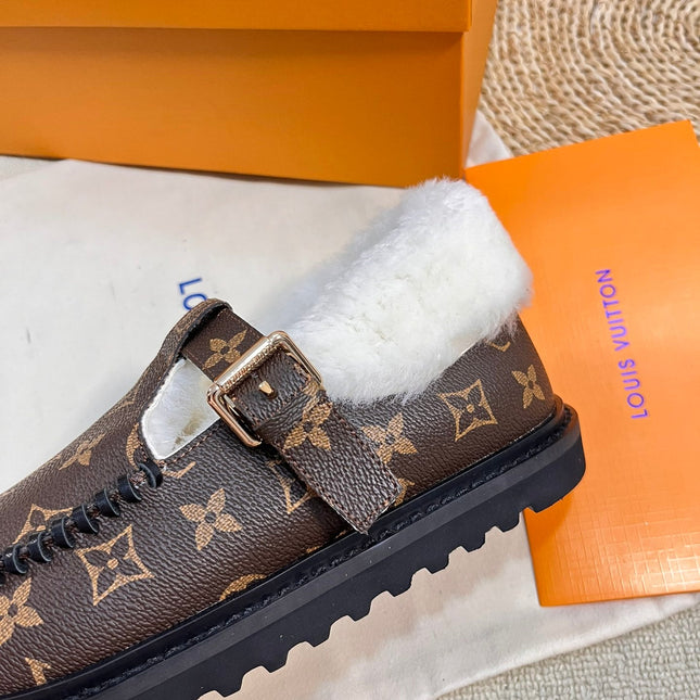 COLORADO COMFORT MARY JANE IN CHOCOLATE BROWN MONOGRAM CALFSKIN AND SHEARLING LINING