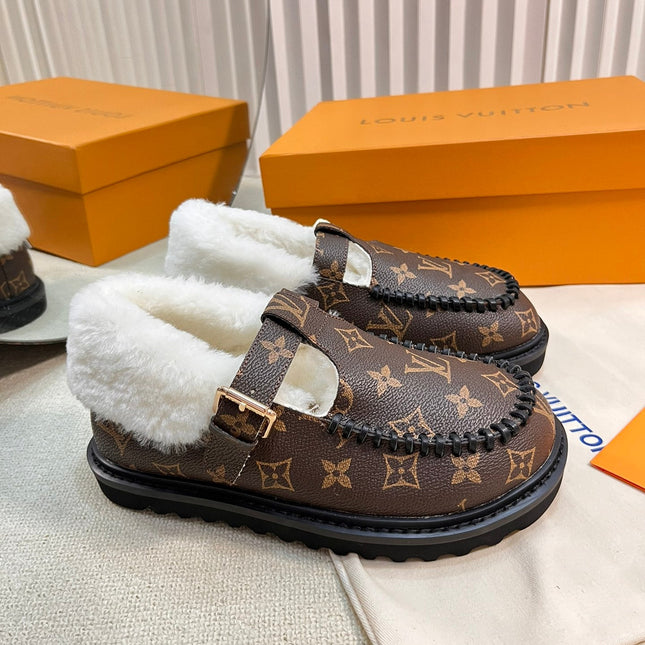 COLORADO COMFORT MARY JANE IN CHOCOLATE BROWN MONOGRAM CALFSKIN AND SHEARLING LINING