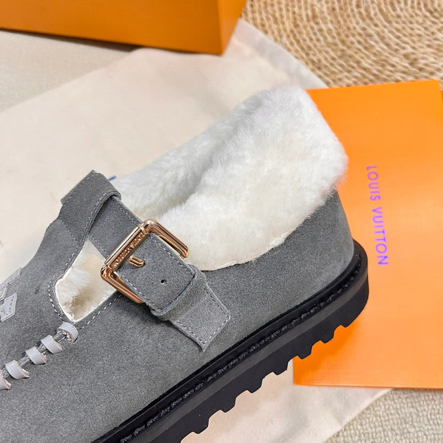 COLORADO COMFORT MARY JANE IN SHADOW GRAY SUEDE AND SHEARLING LINING