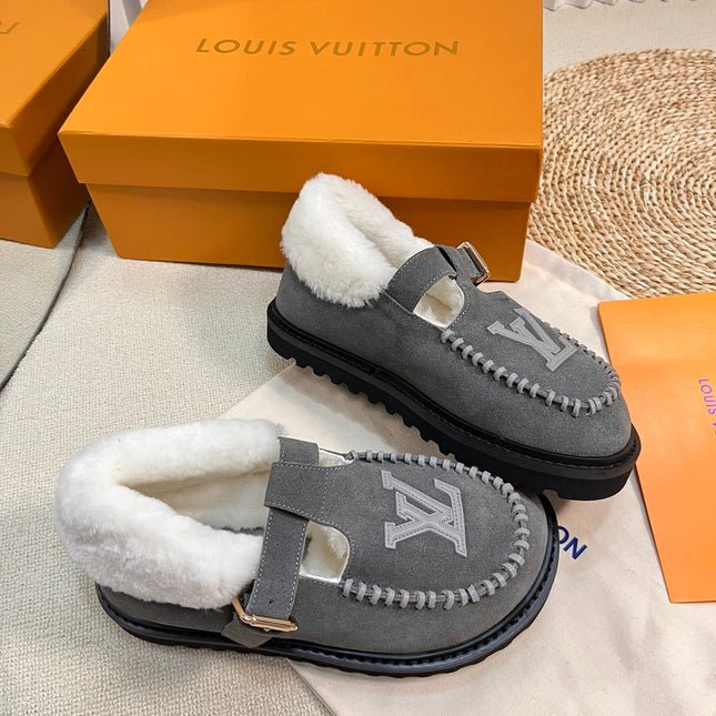 COLORADO COMFORT MARY JANE IN SHADOW GRAY SUEDE AND SHEARLING LINING
