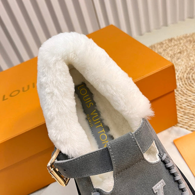 COLORADO COMFORT MARY JANE IN SHADOW GRAY SUEDE AND SHEARLING LINING