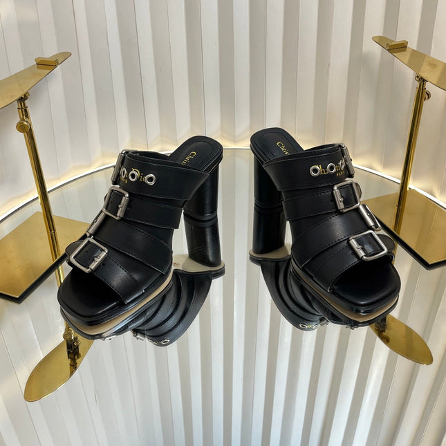 PUNK HEEL SLIDES 25S 80MM IN BLACK CALFSKIN