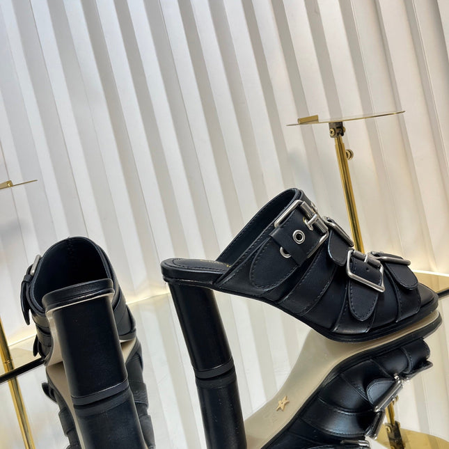 PUNK HEEL SLIDES 25S 80MM IN BLACK CALFSKIN