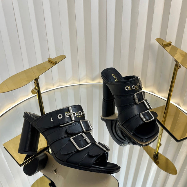 PUNK HEEL SLIDES 25S 80MM IN BLACK CALFSKIN