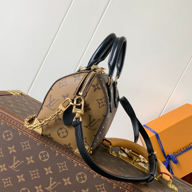 SPEEDY TRUNK BAG 20 IN BROWN MONOGRAM COATED CANVAS AND BLACK CALFSKIN