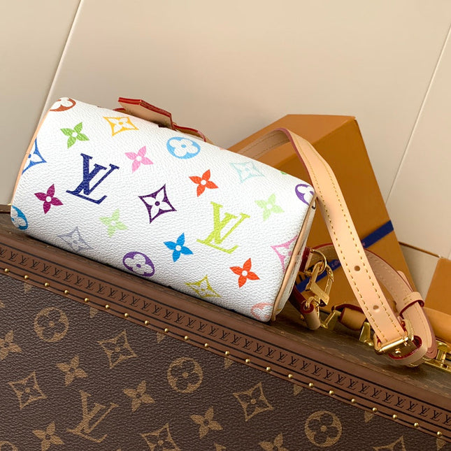 NANO SPEEDY BAG 16 IN COLORFUL MONOGRAM PATTERN AND WHITE COATED CANVAS