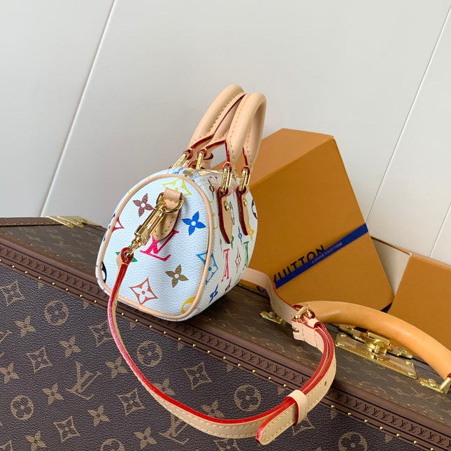 NANO SPEEDY BAG 16 IN COLORFUL MONOGRAM PATTERN AND WHITE COATED CANVAS