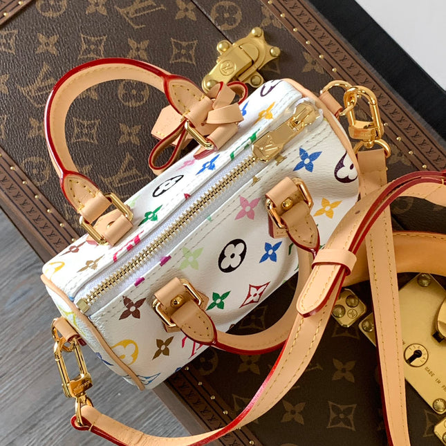 NANO SPEEDY BAG 16 IN COLORFUL MONOGRAM PATTERN AND WHITE COATED CANVAS