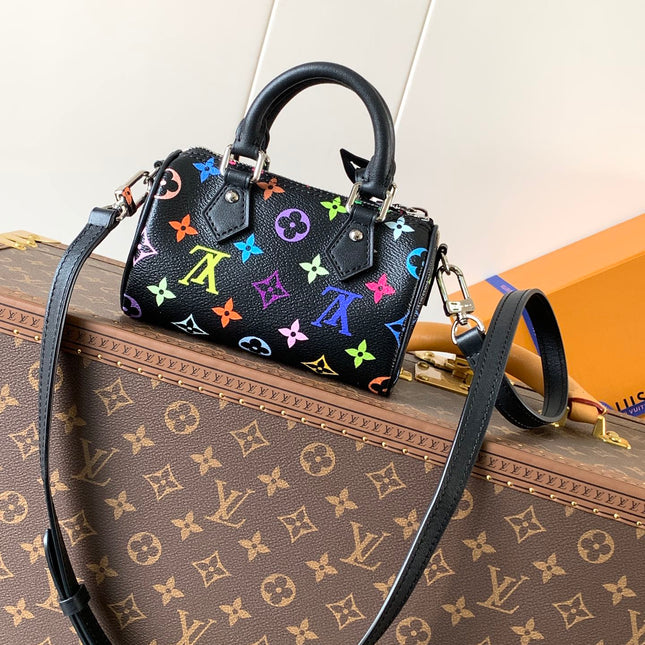 NANO SPEEDY BAG 16 IN COLORFUL MONOGRAM PATTERN AND BLACK COATED CANVAS