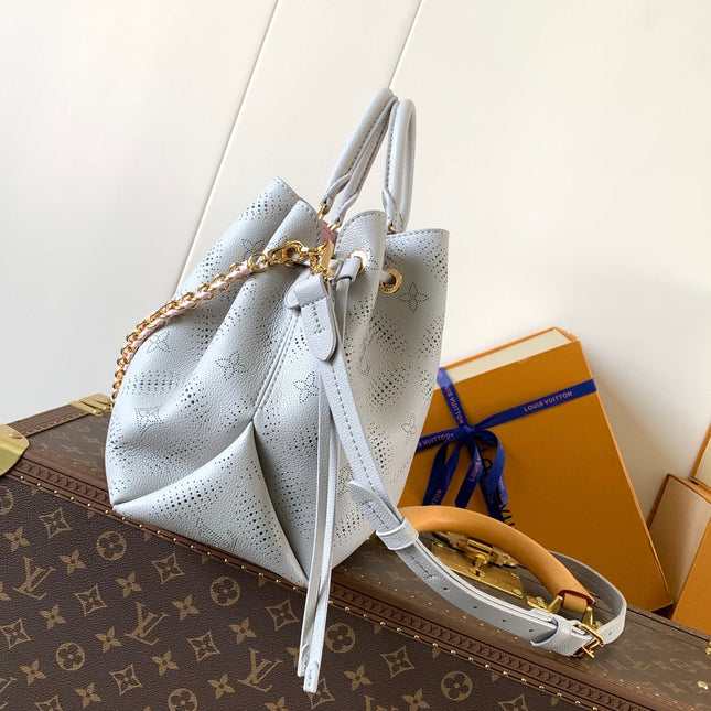 LV 25S BELLA TOTE BAG 32 IN PINK GREY PERFORATED MAHINA CALFSKIN