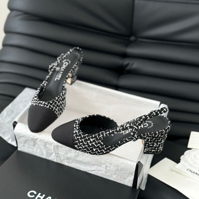 HIGH SLINGBACK IN BLACK MIX WHITE TWEED AND LAMBSKIN