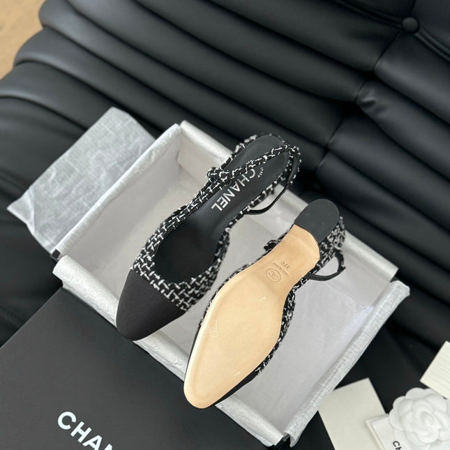 HIGH SLINGBACK IN BLACK MIX WHITE TWEED AND LAMBSKIN