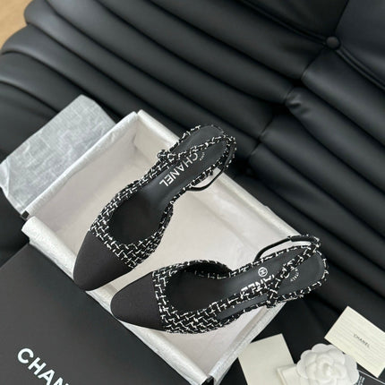 HIGH SLINGBACK IN BLACK MIX WHITE TWEED AND LAMBSKIN