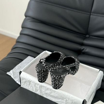 HIGH SLINGBACK IN BLACK MIX WHITE TWEED AND LAMBSKIN