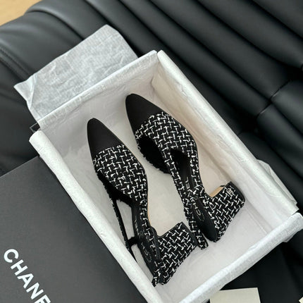 HIGH SLINGBACK IN BLACK MIX WHITE TWEED AND LAMBSKIN