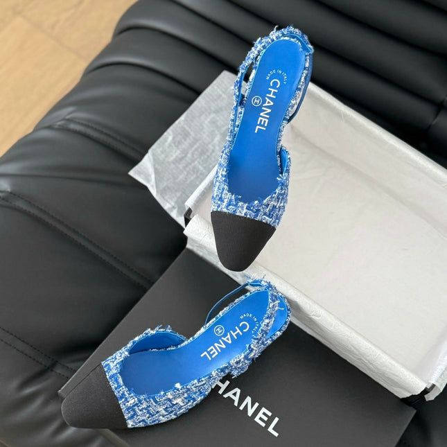 HIGH SLINGBACK IN COBALT BLUE TWEED AND BLACK LAMBSKIN