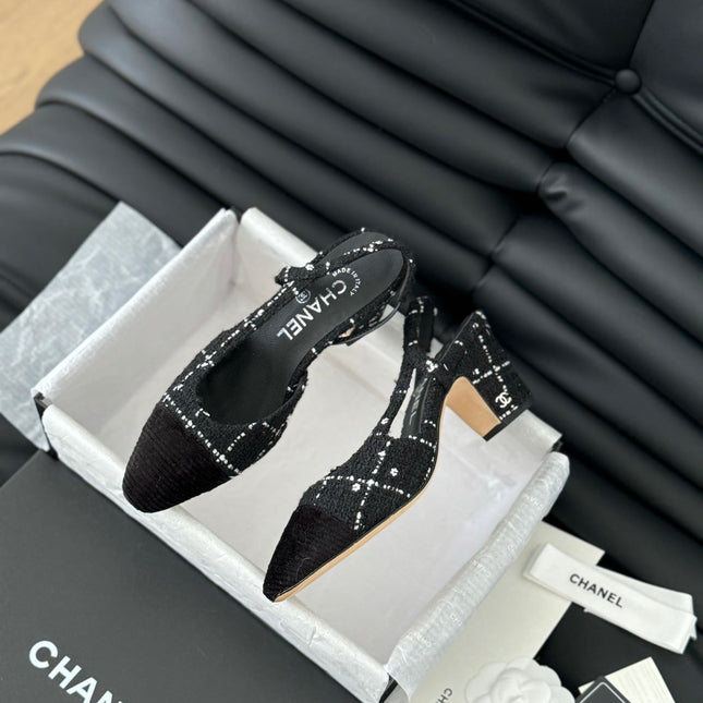 HIGH SLINGBACK IN BLACK TWEED AND LAMBSKIN