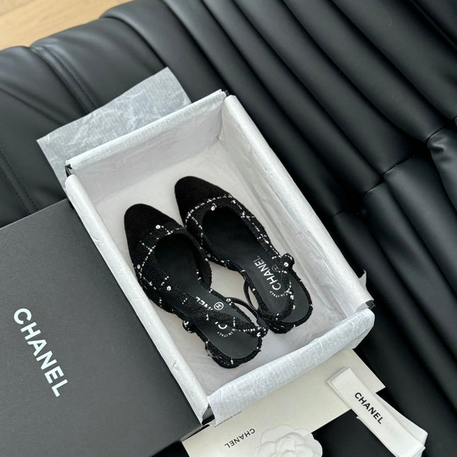 HIGH SLINGBACK IN BLACK TWEED AND LAMBSKIN