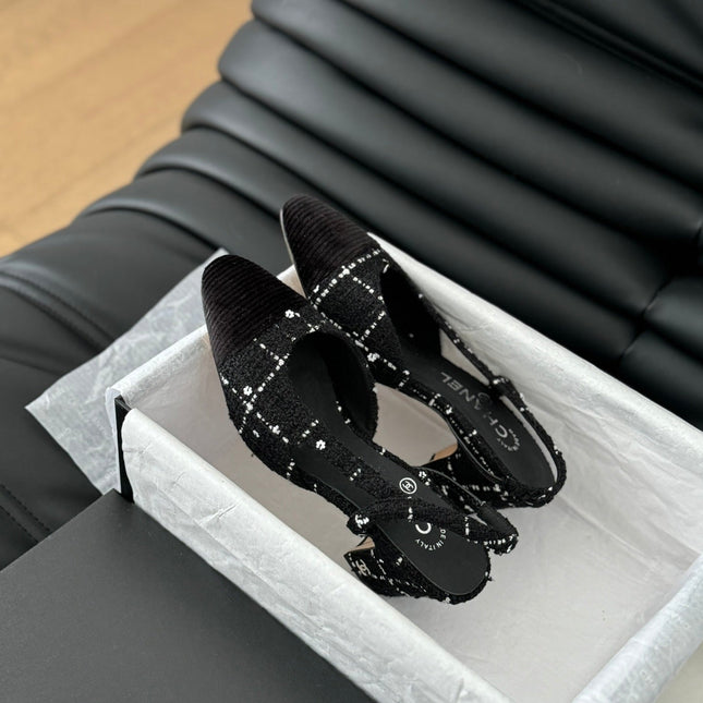 HIGH SLINGBACK IN BLACK TWEED AND LAMBSKIN