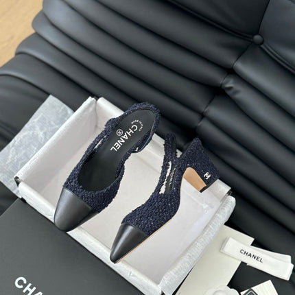 HIGH SLINGBACK IN NAVY BLUE TWEED AND BLACK LAMBSKIN