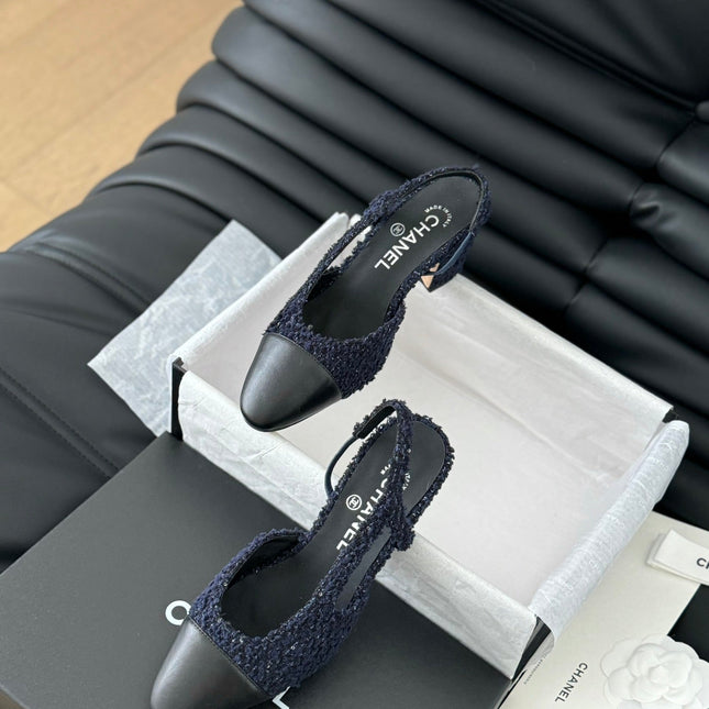 HIGH SLINGBACK IN NAVY BLUE TWEED AND BLACK LAMBSKIN