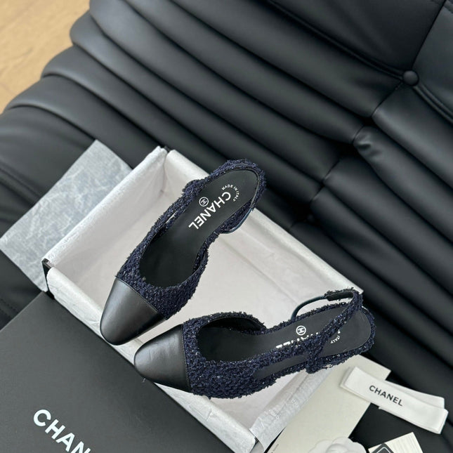 HIGH SLINGBACK IN NAVY BLUE TWEED AND BLACK LAMBSKIN