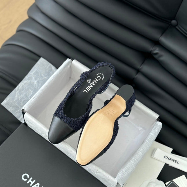 HIGH SLINGBACK IN NAVY BLUE TWEED AND BLACK LAMBSKIN