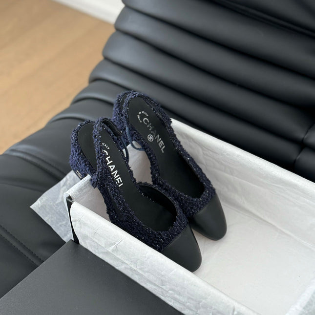 HIGH SLINGBACK IN NAVY BLUE TWEED AND BLACK LAMBSKIN