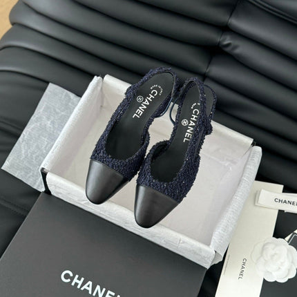 HIGH SLINGBACK IN NAVY BLUE TWEED AND BLACK LAMBSKIN