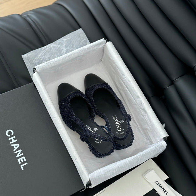 HIGH SLINGBACK IN NAVY BLUE TWEED AND BLACK LAMBSKIN