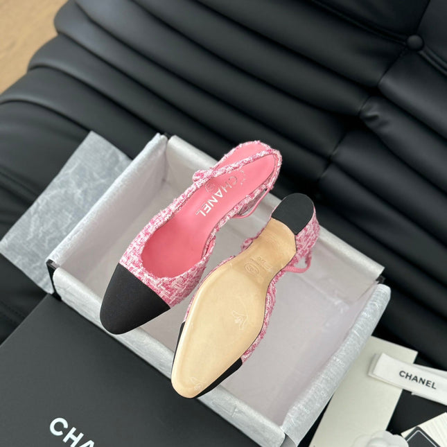 HIGH SLINGBACK IN LIGHT PINK TWEED AND BLACK LAMBSKIN