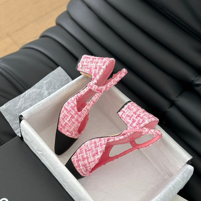 HIGH SLINGBACK IN LIGHT PINK TWEED AND BLACK LAMBSKIN