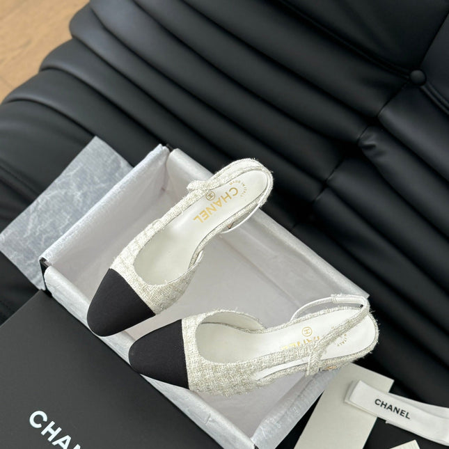 HIGH SLINGBACK IN WHITE TWEED AND BLACK LAMBSKIN